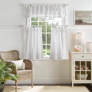 Martha Stewart Laguna Stripe Semi-Sheer Tie Tab Window Curtain Valance and Tiers Set, Grey(Mocha)
