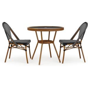 Martha Stewart Lily Pond 3 Piece Indoor-Outdoor Black and White Woven Rattan Bistro Set with Natural Woodgrain Aluminum Frames and Tempered Glass Tabletop(Black & White/Natural Frame)