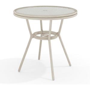 Martha Stewart Lily Pond 31” Round Indoor-Outdoor Bistro Dining Table with Aluminum Frame in Gray Woodgrain and Rattan Top in White/Gray with Tempered Glass Top(Gray & White/Gray Frame)