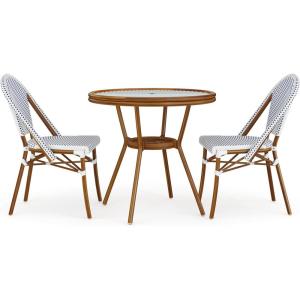Martha Stewart Lily Pond 5 Piece Indoor-Outdoor Navy and White Woven Rattan Bistro Set with Natural Woodgrain Aluminum Frames and Tempered Glass Tabletop(Navy & White/Natural Frame)