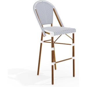 Martha Stewart Lily Pond Indoor-Outdoor Stackable Bar Stools with Gray Woodgrain Aluminum Frame Finish, White/Gray Woven Rattan Backrests and Seats, Set of 2(Navy & White/Natural Frame)