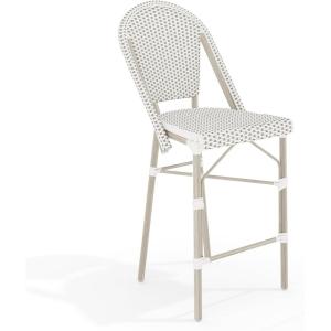 Martha Stewart Lily Pond Indoor-Outdoor Stackable Counter Stool with Natural Woodgrain Aluminum Frame Finish and White/Navy Woven Rattan Backrest and Seat(Gray & White/Gray Frame)