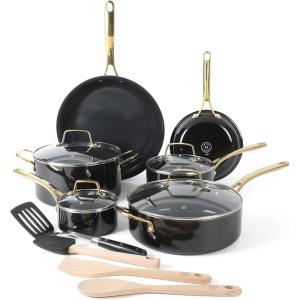Martha Stewart Lockton Premium Non stick Non Toxic PFA Free Ceramic Interior 10 Piece Heavy Gauge Enamel Aluminum Pots and Pans Cookware Set – Linen White w/Gold Handle(Combo)