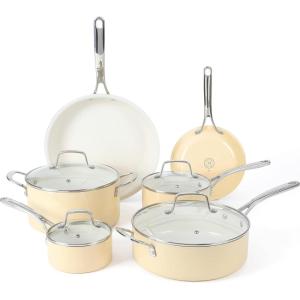 Martha Stewart Lockton Premium Nonstick 10 Piece Enamel Heavy Gauge Aluminum Pots and Pans Cookware Set – Linen White(Butter Cream)