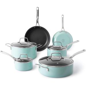 Martha Stewart Lockton Premium Nonstick 10 Piece Enamel Heavy Gauge Aluminum Pots and Pans Cookware Set – Linen White(Martha Blue)