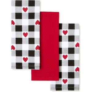 Martha Stewart Love Check Gingham Hearts Decorative Kitchen Towels 3-Pack Set, 100% Cotton, Absorbent, Valentine’s Day Décor, Black/White/Red, 16”x28”