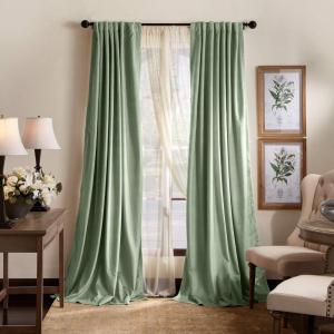 Martha Stewart Lucca Velvet Blackout Back Tab Window Curtain Panel Pair, 95″, Linen Beige(Green)