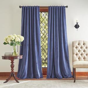 Martha Stewart Lucca Velvet Blackout Back Tab Window Curtain Panel Pair, 95″, Linen Beige(Navy)