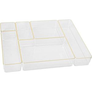 Martha Stewart Miles Plastic Stackable Office Desk Drawer Organizers, Set of 6, Clear(Clear/Gold Trim)