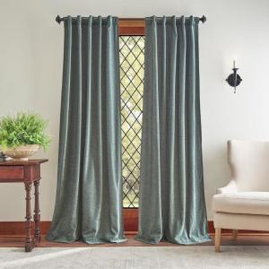 Martha Stewart Naples Chenille Solid Back Tab Window Curtain Panel Pair, 84″, Navy(Olive)