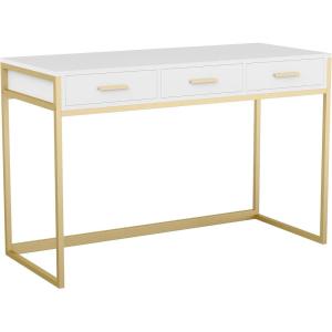 Martha Stewart Ollie Home Office Desk with 3 Drawers in Walnut Wood Grain with Polished Brass Hardware(White Top/Polished Brass Frame)