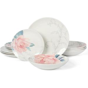 Martha Stewart Peony 12 Piece Porcelain Floral Chip and Scratch Resistant Dinnerware Set(Peony)