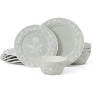 Martha Stewart Peony 12 Piece Porcelain Floral Chip and Scratch Resistant Dinnerware Set(Sage Green)