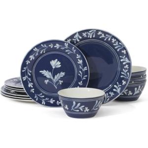 Martha Stewart Peony 12 Piece Porcelain Floral Chip and Scratch Resistant Dinnerware Set(Sky Blue)