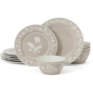 Martha Stewart Peony 12 Piece Porcelain Floral Chip and Scratch Resistant Dinnerware Set(Taupe)
