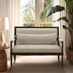 Martha Stewart Philippe Loveseat for Living Room Lily Pond Collection, Spindle Wood Frame, Upholstered Seat, Lumbar Pillow, Cottage Accent Settee Coastal Furniture Decor, 47.5″ W Morocco Brown/Taupe