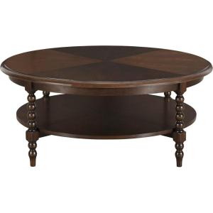 Martha Stewart Philippe Round Coffee Table for Living Room Lily Pond Collection, Coastal Coffee Table with Shelving for Storage, Cottage Inspired Living Room Table, 42″ Wide Brown
