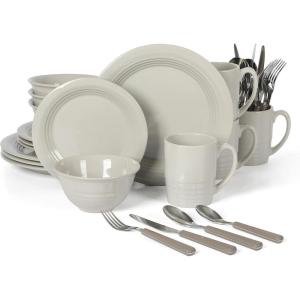 Martha Stewart Reedley 32 Piece Stoneware Dinnerware and Flatware Combo Set – Linen White(Gray)