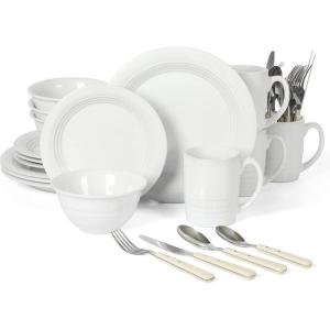 Martha Stewart Reedley 32 Piece Stoneware Dinnerware and Flatware Combo Set – Linen White(Linen White)