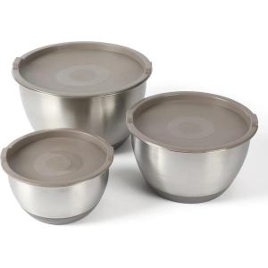 Martha Stewart Rhinewell Mirror Polish 6 Piece Stainless Steel Mixing Bowls with Lid and Non-Slip Base – Grey