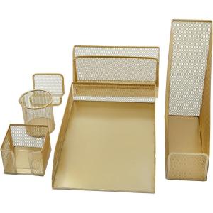 Martha Stewart Ryder Gold Mesh Metal 6 Piece Set Desktop Organizers and Accessories, Holds Files, Magazines, Letters, Pens, Sticky Notes and Business Cards