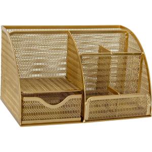 Martha Stewart Ryder Gold Mesh Metal Small Desktop Organizer for Office Accessories, Notebooks, Pen Holder and Drawer