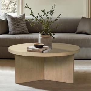 Martha Stewart Sadie Round Wood Coffee Table with Starburst Pattern Top Simple Pedestal Stand, Circular Contemporary Modern Accent Furniture for Living Room Decor, 36″ Dia x 16.5″ H, Brown(Reclaimed Greige)