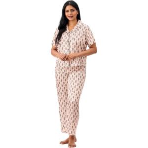 Martha Stewart Silky Sleepwear for Women | Satin 2-Pc Short Sleeve Notch Collar Top/Capri Pant Pajama Set | Sleek and Soft(Pink Paisley)