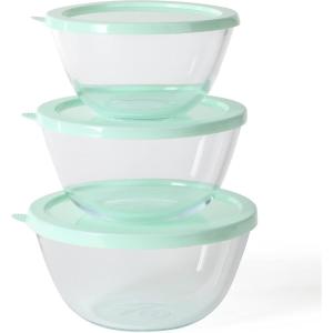 Martha Stewart Summersol 6 Piece, 67.6 oz, 50.7 oz, 33.8 oz Borosilicate Glass Mixing Bowl w/PP Martha Blue Lids
