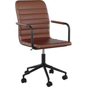 Martha Stewart Taytum Swivel Task Chair with Armrests for Home Office in White Faux Leather with Polished Brass Frame(Saddle Brown Faux Leather/Oil Rubbed Bronze)