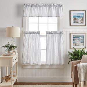 Martha Stewart Ticking Stripe 3-Piece Window Curtain Valance and Tiers Set, White Indigo(White Indigo)