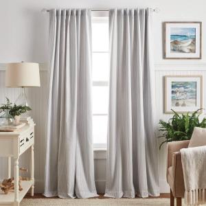 Martha Stewart Ticking Stripe Blackout Lining Rod Pocket/Back Tab Window Curtain Panel Pair, 95″, White/Indigo(White/Grey)