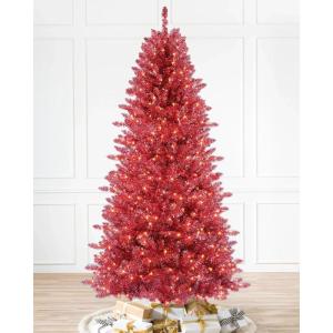 Martha Stewart Tinsel Pre-Lit Artificial Christmas Tree, 7 ft, Clear Lights, Pink – LED…