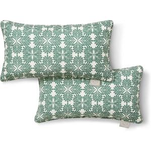 Martha Stewart Tulum Indoor Outdoor Decorative Lumbar Pillow 2-Pack Set, UV Fade Resistant, Water Repellent, Printed Modern Design, Navy Blue, 11″x18″(Green)