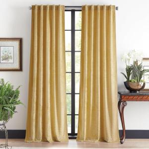 Martha Stewart Velvet Curtains Room Darkening Wave Embossed Rod Pocket/Back Tab Window Curtain Panel Pair, 95″, Olive Green(Gold)
