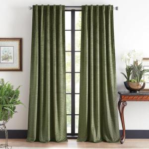 Martha Stewart Velvet Curtains Room Darkening Wave Embossed Rod Pocket/Back Tab Window Curtain Panel Pair, 95″, Olive Green(Olive)