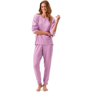 Martha Stewart Women’s Henley Pajama Set | 2-Piece Long Sleeve Top and Jogger Pants | Soft, Breathable Pointelle Sleepwear(Pink)