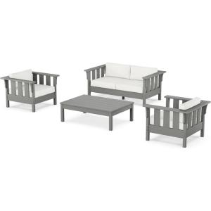 Martha Stewart by POLYWOOD® Acadia 4-Piece Deep Seating Set with Loveseat in Teak/Dune Burlap(Slate Grey / Natural Linen)