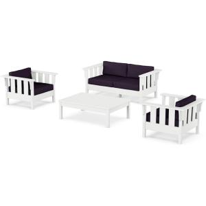 Martha Stewart by POLYWOOD® Acadia 4-Piece Deep Seating Set with Loveseat in Teak/Dune Burlap(White / Navy Linen)