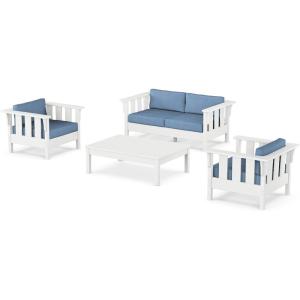 Martha Stewart by POLYWOOD® Acadia 4-Piece Deep Seating Set with Loveseat in Teak/Dune Burlap(White / Sky Blue)