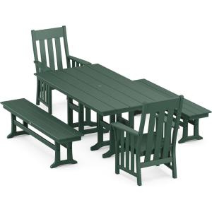 Martha Stewart by POLYWOOD® Acadia 5-Piece Farmhouse Dining Set with Benches in Slate Grey(Green)
