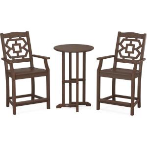 Martha Stewart by POLYWOOD® Chinoiserie 3-Piece Farmhouse Bistro Counter Set in Mahogany(Mahogany)