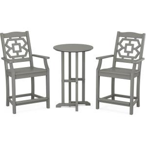 Martha Stewart by POLYWOOD® Chinoiserie 3-Piece Farmhouse Bistro Counter Set in Mahogany(Slate Grey)