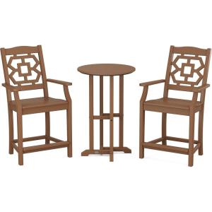 Martha Stewart by POLYWOOD® Chinoiserie 3-Piece Farmhouse Bistro Counter Set in Mahogany(Teak)