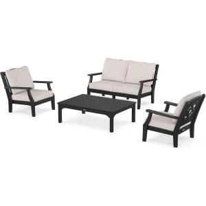 Martha Stewart by POLYWOOD® Chinoiserie 4-Piece Deep Seating Set with Loveseat in Sand/Glacier Spa(Black / Dune Burlap)