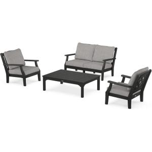 Martha Stewart by POLYWOOD® Chinoiserie 4-Piece Deep Seating Set with Loveseat in Sand/Glacier Spa(Black / Grey Mist)