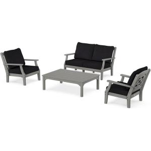 Martha Stewart by POLYWOOD® Chinoiserie 4-Piece Deep Seating Set with Loveseat in Sand/Glacier Spa(Slate Grey / Midnight Linen)