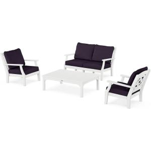 Martha Stewart by POLYWOOD® Chinoiserie 4-Piece Deep Seating Set with Loveseat in Sand/Glacier Spa(White / Navy Linen)
