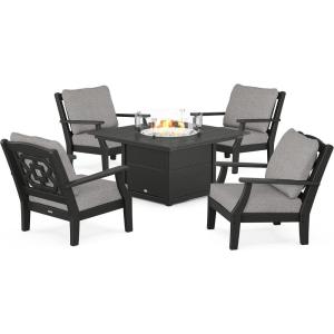 Martha Stewart by POLYWOOD® Chinoiserie 5-Piece Deep Seating Set with Fire Pit Table (Sand/Glacier Spa)(Black / Grey Mist)