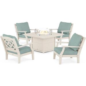 Martha Stewart by POLYWOOD® Chinoiserie 5-Piece Deep Seating Set with Fire Pit Table (Sand/Glacier Spa)(Sand / Glacier Spa)